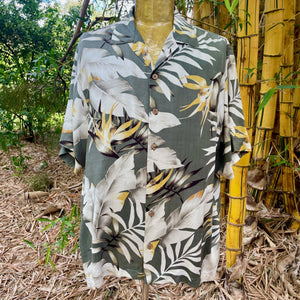 1990's Vintage Tommy Bahama Silk Hawaiian S/S Shirt Pale Grey Yellow Floral Print Sz M - OOAK - Phoenix Menswear