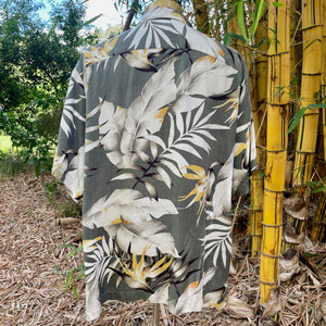 1990's Vintage Tommy Bahama Silk Hawaiian S/S Shirt Pale Grey Yellow Floral Print Sz M - OOAK - Phoenix Menswear