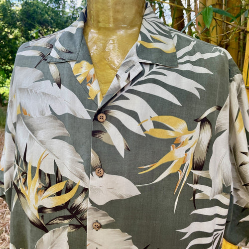 1990's Vintage Tommy Bahama Silk Hawaiian S/S Shirt Pale Grey Yellow Floral Print Sz M - OOAK - Phoenix Menswear