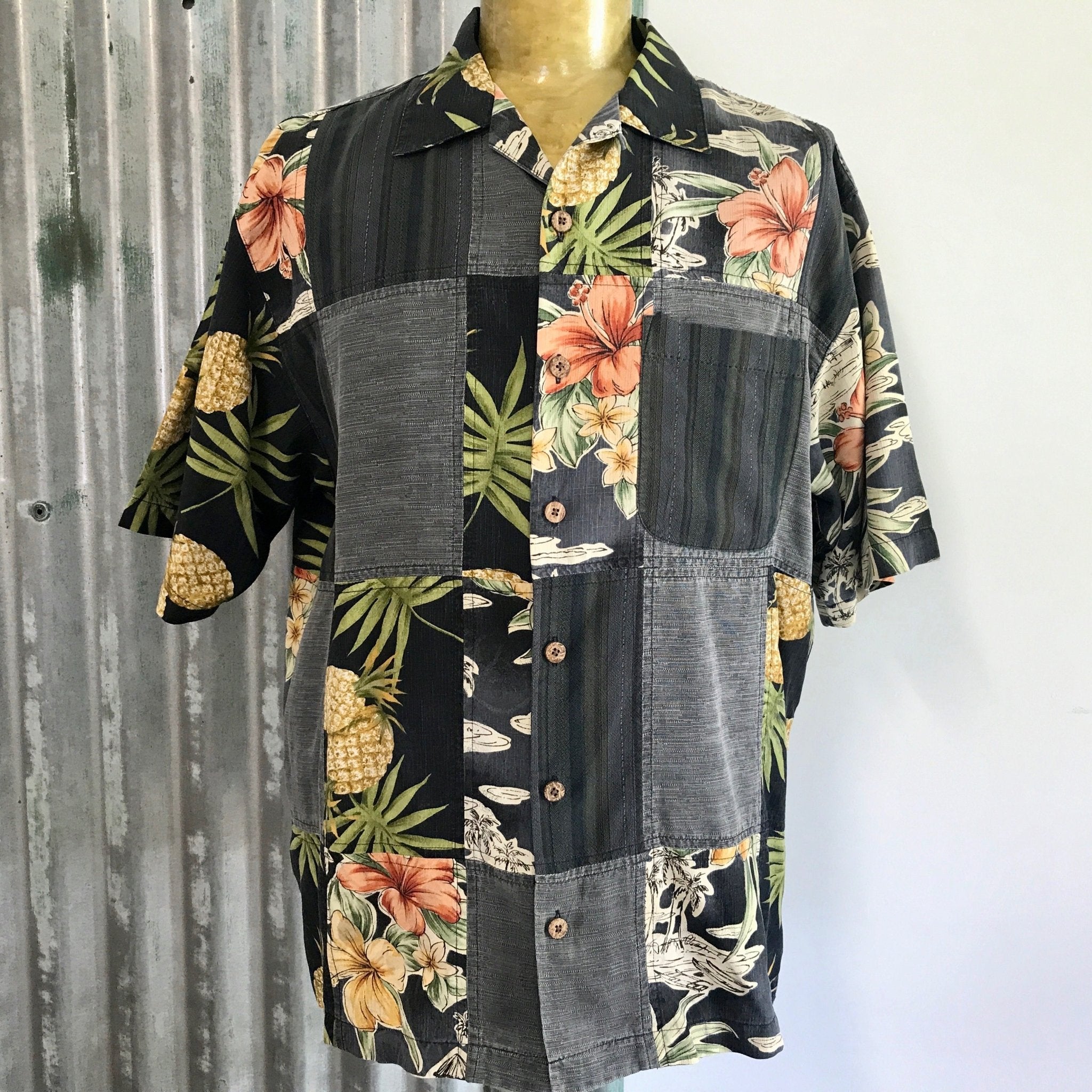 ImmortalKraft2 1990's Vintage Tommy Bahama Silk Hawaiian S/S Shirt Black Leaf Print Sz XL - Ooak
