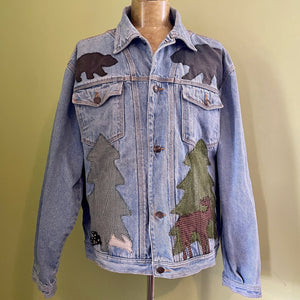 1990's Vintage Upcycled Christmas Denim Jacket Blue Bears Trees Sz XL - OOAK - Phoenix Menswear