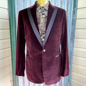 1990s Vintage Velvet Blazer Burgundy Black Lapel Sz L - OOAK - Phoenix Menswear