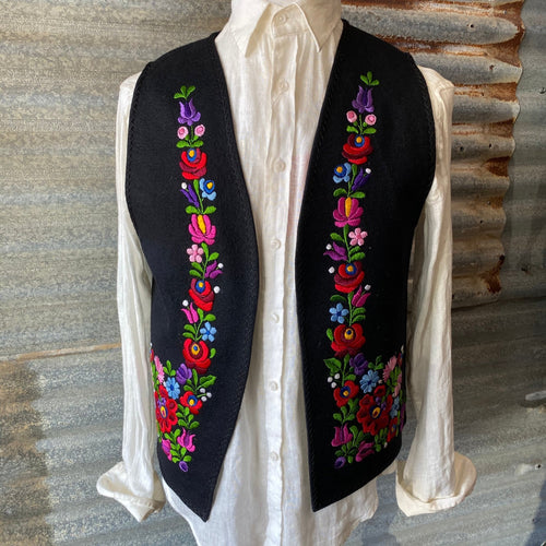 1990's Vintage Vest - Black Felt with Floral Embroidery Sz L - OOAK - Phoenix Menswear