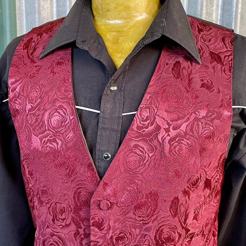 1990's Vintage Vest Burgundy Red Floral Roses Silky Sz M - OOAK - Phoenix Menswear