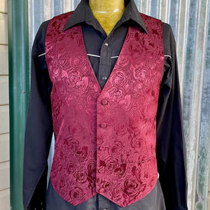 1990's Vintage Vest Burgundy Red Floral Roses Silky Sz M - OOAK - Phoenix Menswear