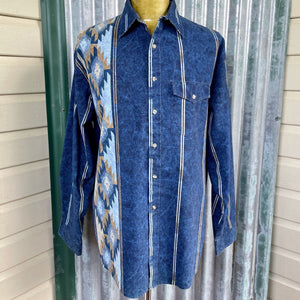 1990's Vintage Western Aztec Blue White Stripe L/S Shirt Sz L - OOAK - Phoenix Menswear