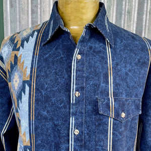 1990's Vintage Western Aztec Blue White Stripe L/S Shirt Sz L - OOAK - Phoenix Menswear