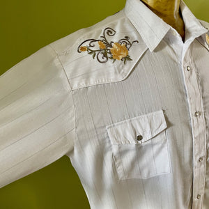 1990's Vintage Western Embroidered Floral White Yellow L/S Shirt Sz XL - OOAK - Phoenix Menswear