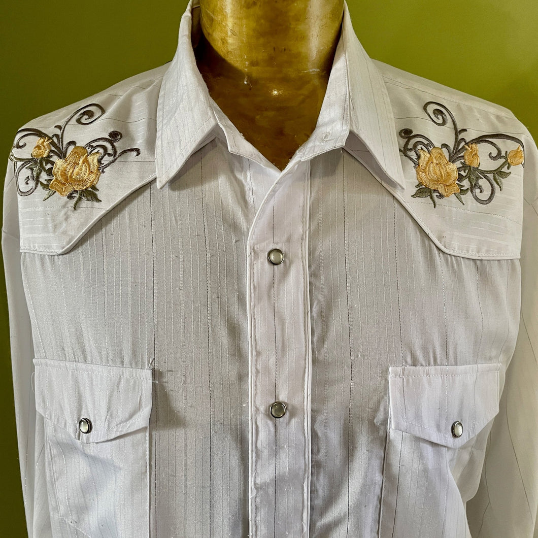 1990's Vintage Western Embroidered Floral White Yellow L/S Shirt Sz XL - OOAK - Phoenix Menswear