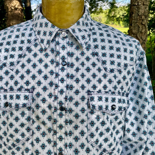 1990's Vintage Western Geometric Print Blue White Cotton L/S Shirt Snaps Sz XL - OOAK - Phoenix Menswear
