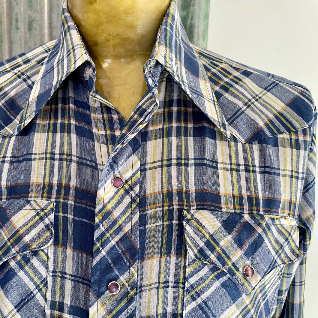 1990's Vintage Western L/S Shirt Navy Blue White Check Sz M - OOAK