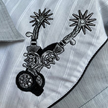 Load image into Gallery viewer, 1990&#39;s Vintage Western Shirt Embroidered Cowboy Spurs Black White Snaps L/S Sz XL - OOAK - Phoenix Menswear