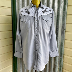 1990's Vintage Western Shirt Embroidered Cowboy Spurs Black White Snaps L/S Sz XL - OOAK - Phoenix Menswear