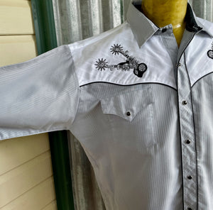 1990's Vintage Western Shirt Embroidered Cowboy Spurs Black White Snaps L/S Sz XL - OOAK - Phoenix Menswear