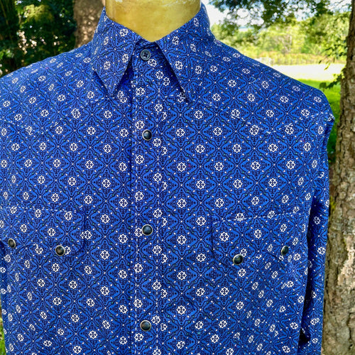 1990's Vintage Western Wrangler Floral Geometric Design Blue Cotton L/S Shirt Snaps Sz XXL - OOAK - Phoenix Menswear