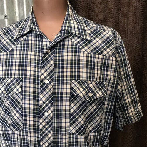 1990's Vintage Western Wrangler S/S Shirt Blue White Check Sz L - OOAK - Phoenix Menswear