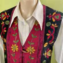 Load image into Gallery viewer, 1990s Vintage Women&#39;s Black Burgundy Floral Embroidered Cotton Vest Green Yellow Toggles Sz M - OOAK - Phoenix Menswear