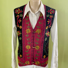 Load image into Gallery viewer, 1990s Vintage Women&#39;s Black Burgundy Floral Embroidered Cotton Vest Green Yellow Toggles Sz M - OOAK - Phoenix Menswear