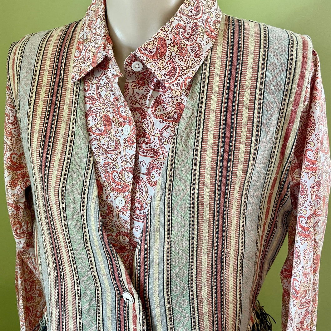 1990s Vintage Women's Fringed Cotton Striped Woven Vest Green Pink Sz M - OOAK - Phoenix Menswear