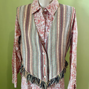 1990s Vintage Women's Fringed Cotton Striped Woven Vest Green Pink Sz M - OOAK - Phoenix Menswear