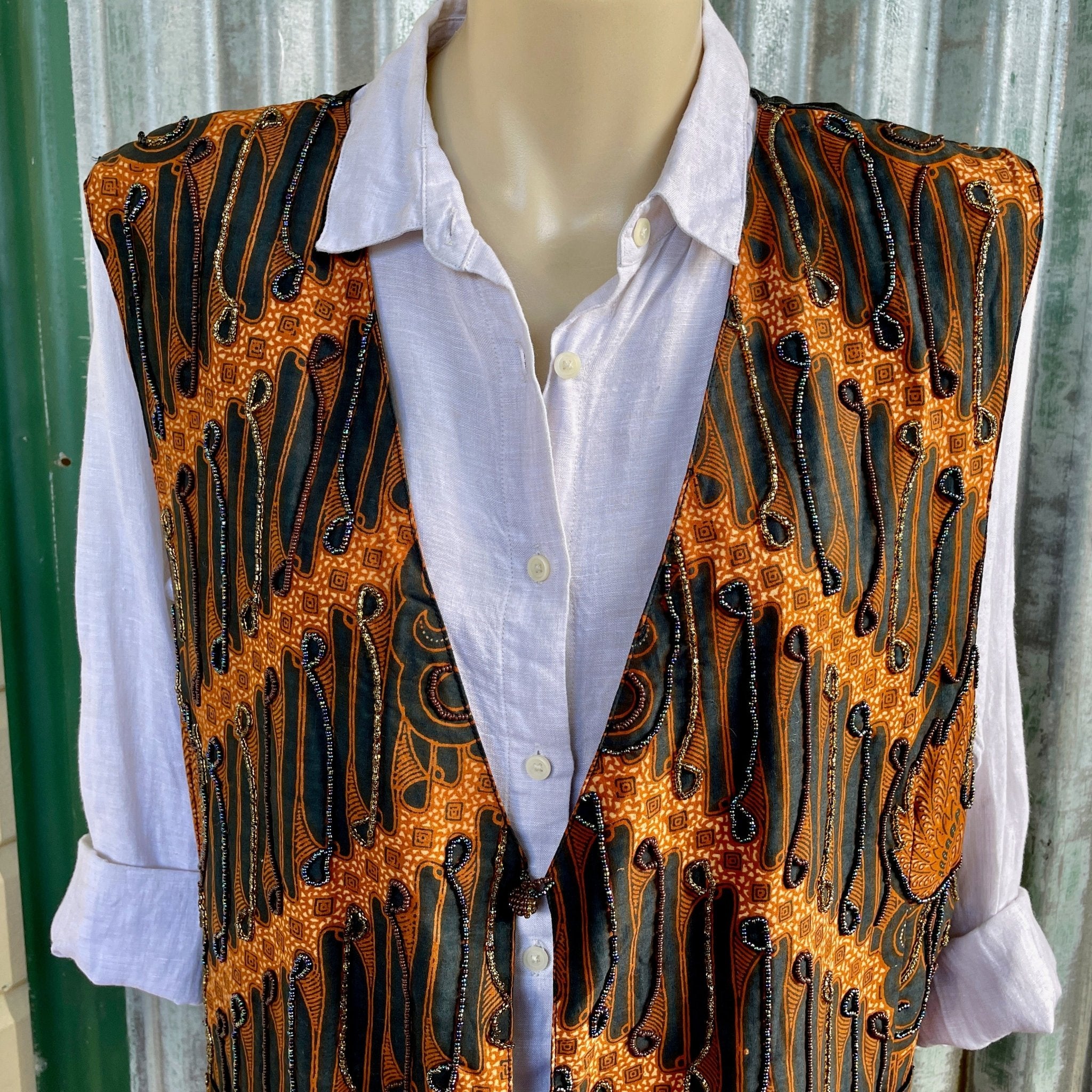 1990's Vintage Women's Indonesian Batik Beaded Cotton Vest Orange Brow Phoenix Menswear 1990's Vintage Women's Indonesian Batik Beaded Cotton Vest Orange Brow Phoenix Menswear