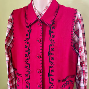 1990s Vintage Women's Red Wool Vest Black Floral Embroidery Pockets Cover Buttons Sz M - OOAK - Phoenix Menswear