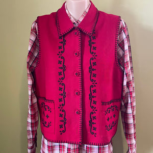 1990s Vintage Women's Red Wool Vest Black Floral Embroidery Pockets Cover Buttons Sz M - OOAK - Phoenix Menswear