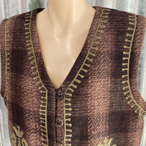 1990's Vintage Women's Wool Brown Check Vest Embroidered Sz L - OOAK - Phoenix Menswear