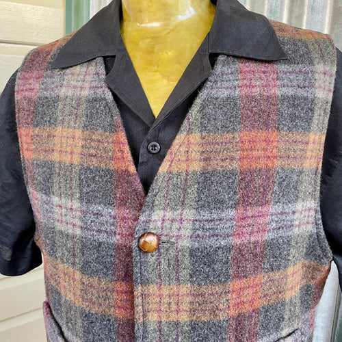 1990's Vintage Wool Blend Vest Brown Grey Plaid Check Lined Pockets Sz M -OOAK - Phoenix Menswear