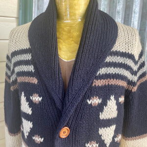 1990's Vintage Wool Chunky Knit Cardigan Pockets Stripe Cowl Neck Sz L - OOAK - Phoenix Menswear