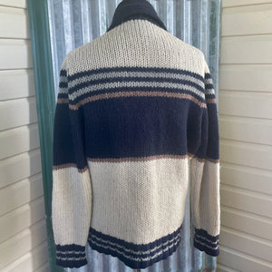 1990's Vintage Wool Chunky Knit Cardigan Pockets Stripe Cowl Neck Sz L - OOAK - Phoenix Menswear