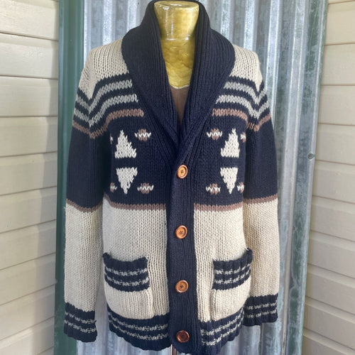 1990's Vintage Wool Chunky Knit Cardigan Pockets Stripe Cowl Neck Sz L - OOAK - Phoenix Menswear