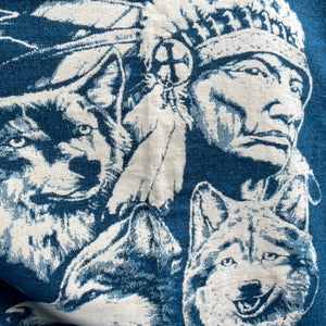 1990's Vintage Wool Hooded Poncho Blue White Aztec Native American Indian Wolf One Size - OOAK - Phoenix Menswear