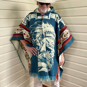 1990's Vintage Wool Hooded Poncho Blue White Aztec Native American Indian Wolf One Size - OOAK - Phoenix Menswear