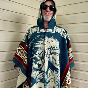1990's Vintage Wool Hooded Poncho Blue White Aztec Native American Indian Wolf One Size - OOAK - Phoenix Menswear