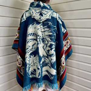 1990's Vintage Wool Hooded Poncho Blue White Aztec Native American Indian Wolf One Size - OOAK - Phoenix Menswear