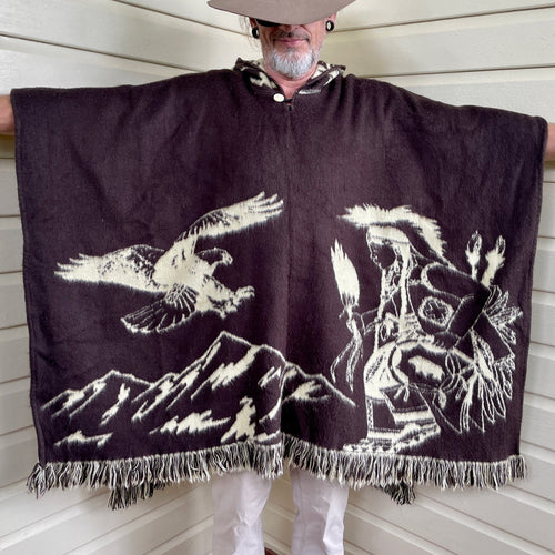 1990's Vintage Wool Hooded Poncho Brown White Aztec Native American Indian Eagle One Size - OOAK - Phoenix Menswear