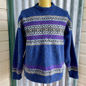 1990's Vintage Wool Jumper Blue Purple Grey Black Yellow Made in England Sz XL - OOAK - Phoenix Menswear