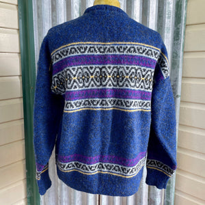 1990's Vintage Wool Jumper Blue Purple Grey Black Yellow Made in England Sz XL - OOAK - Phoenix Menswear