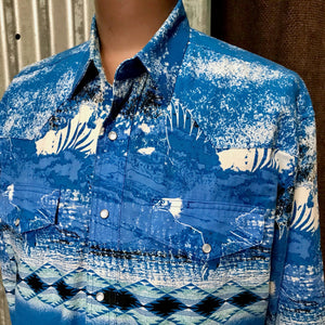 1990's Vintage Wrangler Western L/S Shirt Eagle Print Blue Sz L - OOAK - Phoenix Menswear