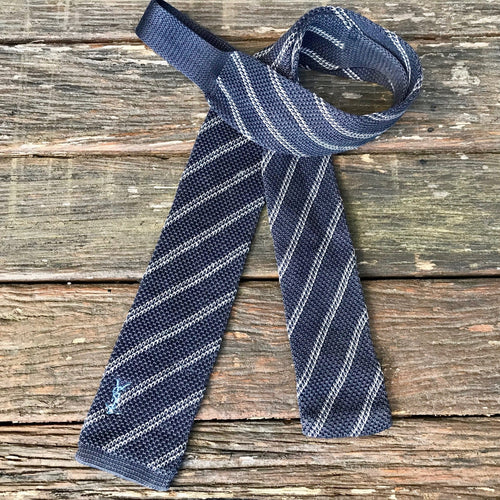 1990's Vintage Yves Saint Laurent Skinny Knit Necktie - Grey Blue - OOAK - Phoenix Menswear