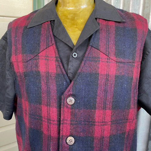 1990's Western Vintage Wool Blend Vest Red Navy Blue Check Sz XL -OOAK - Phoenix Menswear