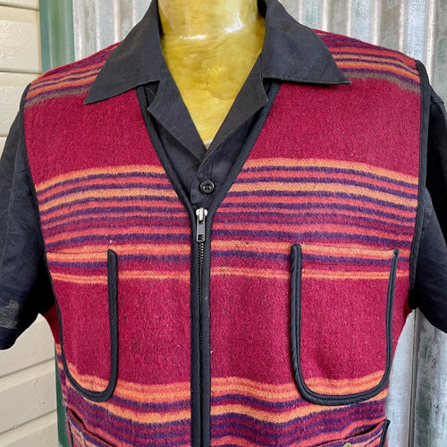 1990's Western Vintage Wool Blend Vest Zip Red Orange Black Stripe Sz XL -OOAK - Phoenix Menswear