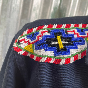1990's Woman's Vintage Denim Jacket Beaded Shoulder Patches Sz S - OOAK - Phoenix Menswear