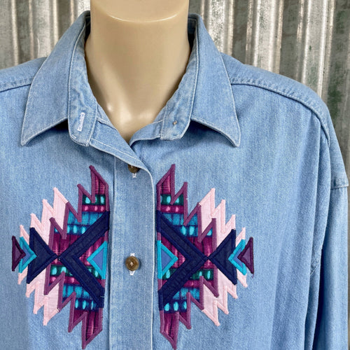1990's Women's Embroidered Denim Vintage Cotton L/S Shirt Pink Purple Sz L - OOAK - Phoenix Menswear