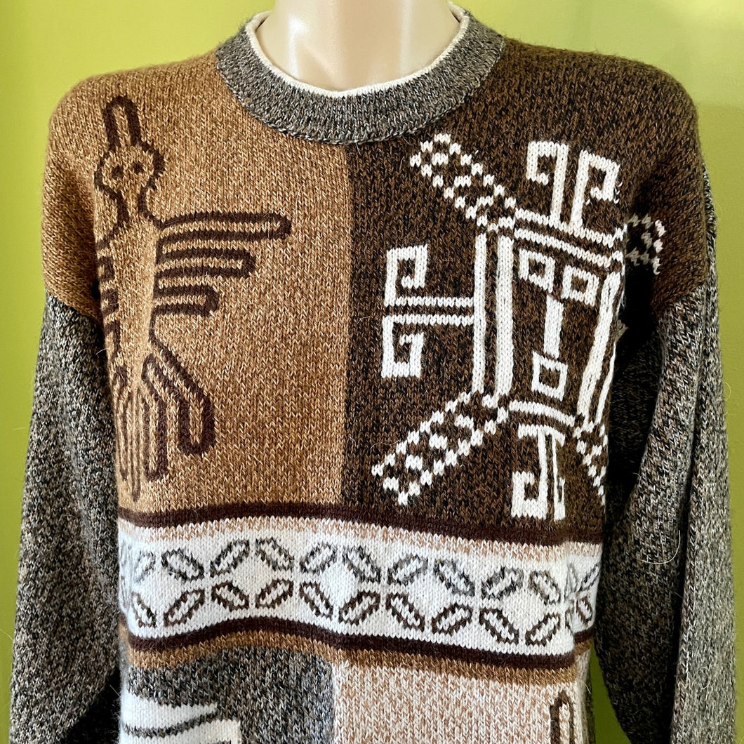 1990's Women's Funky Aztec Retro Brown Cream Knit Jumper Sz S - OOAK - Phoenix Menswear