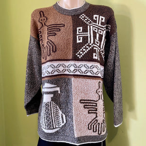 1990's Women's Funky Aztec Retro Brown Cream Knit Jumper Sz S - OOAK - Phoenix Menswear