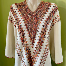 Load image into Gallery viewer, 1990&#39;s Women&#39;s Funky Retro Orange Cream V-neck Knit Jumper Zig Zag Design 3/4 Sleeve Sz M - OOAK - Phoenix Menswear