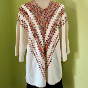 1990's Women's Funky Retro Orange Cream V-neck Knit Jumper Zig Zag Design 3/4 Sleeve Sz M - OOAK - Phoenix Menswear