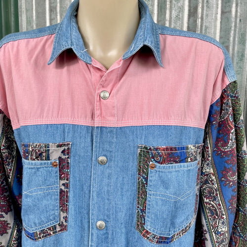 1990's Women's Patchwork Paisley Peach Denim Vintage Cotton Western L/S Shirt Snaps Sz M - OOAK - Phoenix Menswear